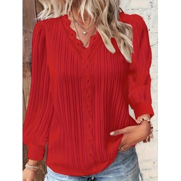 Plus Size Lace Trim Textured Blouse, Elegant V Neck Long Sleeve Top For Spring & Fall, Women's Plus Size Clothing Plus Size Lace Trim Textured Blouse, Elegant V Neck Long Sleeve Top For Spring & Fall, Women's Plus Size Clothing