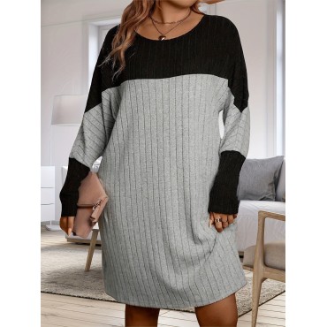 Plus Size Color Block Knit Dress, Long Sleeve, Knee-Length, Round Neck, Casual Loose Fit, Straight Hem, Spring/Autumn Fashion, Polyester Fabric, No Padding, Ribbed Detail, Pullover Style Plus Size Color Block Knit Dress, Long Sleeve, Knee-Length, Round Neck, Casual Loose Fit, Straight Hem, Spring/Autumn Fashion, Polyester Fabric, No Padding, Ribbed Detail, Pullover Style