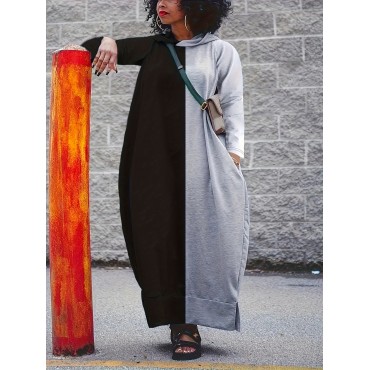 Plus Size Color Block Hooded Dress, Casual Long Sleeve Crew Neck Maxi Dress For Spring & Fall, Women's Plus Size Clothing Plus Size Color Block Hooded Dress, Casual Long Sleeve Crew Neck Maxi Dress For Spring & Fall, Women's Plus Size Clothing
