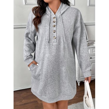 Women's Plus Size Casual Hoodie Dress - Long Sleeve, Button Detail, Knee-Length in Gray Women's Plus Size Casual Hoodie Dress - Long Sleeve, Button Detail, Knee-Length in Gray