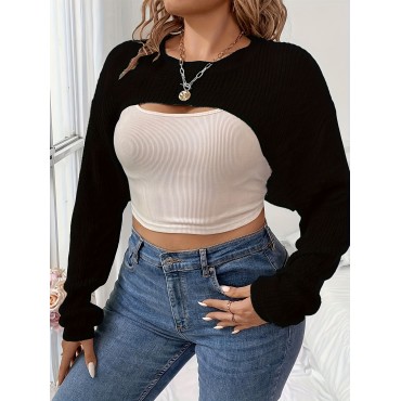 Plus Size Solid Crew Neck Pullover Sweater, Casual Long Sleeve Ribbed Knitted Sweater For Fall & Spring, Women's Plus Size Clothing Plus Size Solid Crew Neck Pullover Sweater, Casual Long Sleeve Ribbed Knitted Sweater For Fall & Spring, Women's Plus Size Clothing