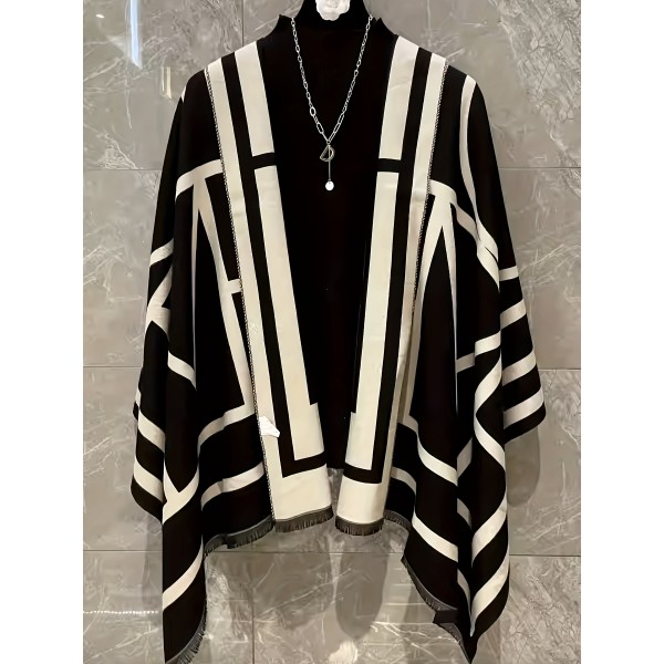 Plus Size Geo Print Color Block Shawl Top, Elegant Open Front Cover Up Top For Winter & Fall, Women's Plus Size Clothing